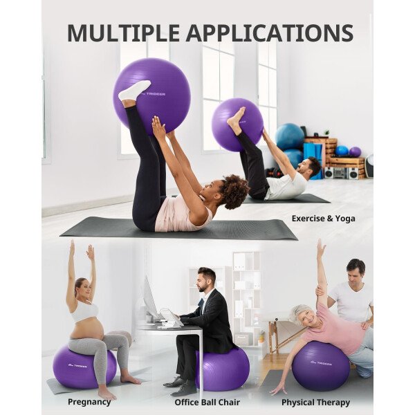 Trideer Pelota de yoga extra gruesa, 5 tamaños, pelota de gimnasio, silla de pelota resistente para equilibrio, estabilidad, embarazo, bomba rápida incluida - Image 55