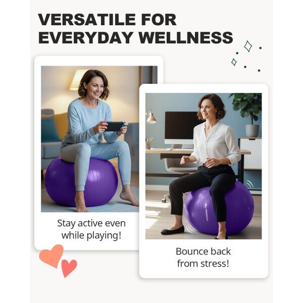 Trideer Pelota de yoga extra gruesa, 5 tamaños, pelota de gimnasio, silla de pelota resistente para equilibrio, estabilidad, embarazo, bomba rápida incluida - Image 57