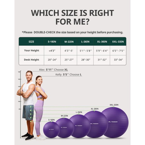 Trideer Pelota de yoga extra gruesa, 5 tamaños, pelota de gimnasio, silla de pelota resistente para equilibrio, estabilidad, embarazo, bomba rápida incluida - Image 60
