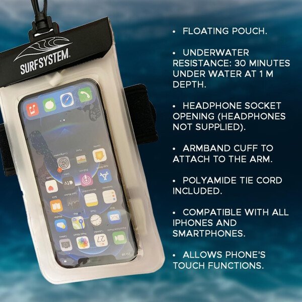 SURF SYTSTEM Bolsa flotante impermeable, con brazalete de neopreno + conector de audio para teléfono inteligente + función táctil de pantalla - Funda Drybag, iPhone, Android para surf, bodyboard, - Imagen 6