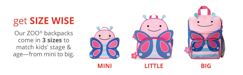 Nuestras mochilas Zoo vienen en 3 tamaños: Mini, Pequeño, Grande