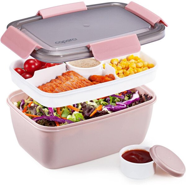 Caperci Lonchera grande para ensalada – Lonchera Bento para adultos con ensaladera de 68 onzas, bandeja de 5 compartimentos, 2 tazas de salsa de 3 onzas, apilable, sin BPA (rosa)
