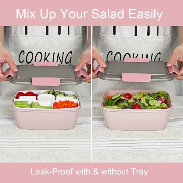 Caperci Lonchera grande para ensalada – Lonchera Bento para adultos con ensaladera de 68 onzas, bandeja de 5 compartimentos, 2 tazas de salsa de 3 onzas, apilable, sin BPA (rosa) - Imagen 2