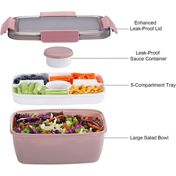 Caperci Lonchera grande para ensalada – Lonchera Bento para adultos con ensaladera de 68 onzas, bandeja de 5 compartimentos, 2 tazas de salsa de 3 onzas, apilable, sin BPA (rosa) - Imagen 4