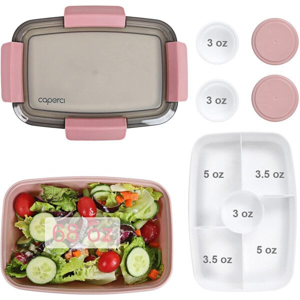 Caperci Lonchera grande para ensalada – Lonchera Bento para adultos con ensaladera de 68 onzas, bandeja de 5 compartimentos, 2 tazas de salsa de 3 onzas, apilable, sin BPA (rosa) - Imagen 5