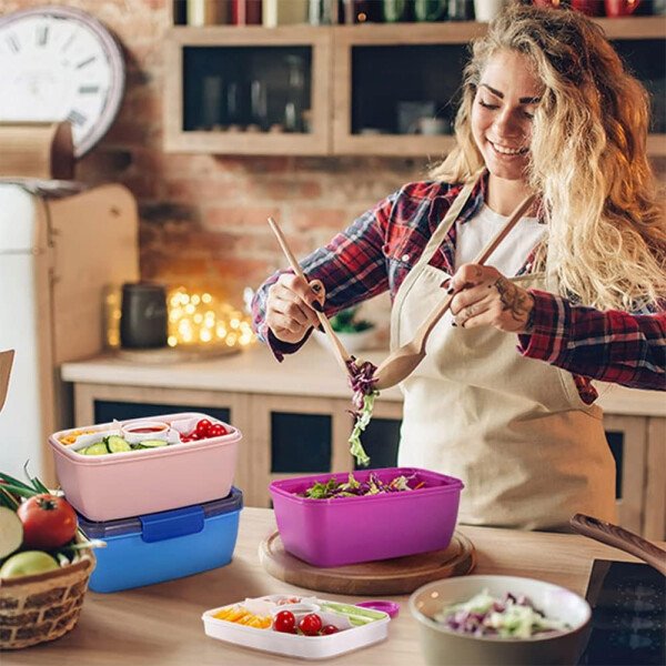 Caperci Lonchera grande para ensalada – Lonchera Bento para adultos con ensaladera de 68 onzas, bandeja de 5 compartimentos, 2 tazas de salsa de 3 onzas, apilable, sin BPA (rosa) - Imagen 6