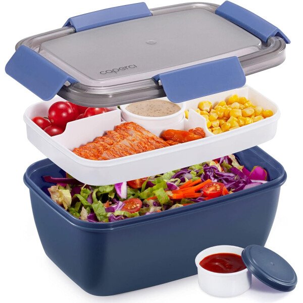 Caperci Lonchera grande para ensalada – Lonchera Bento para adultos con ensaladera de 68 onzas, bandeja de 5 compartimentos, 2 tazas de salsa de 3 onzas, apilable, sin BPA (rosa) - Imagen 7