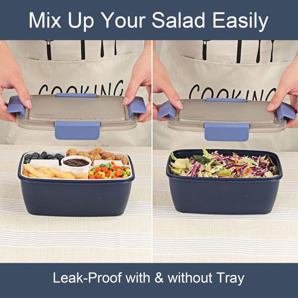 Caperci Lonchera grande para ensalada – Lonchera Bento para adultos con ensaladera de 68 onzas, bandeja de 5 compartimentos, 2 tazas de salsa de 3 onzas, apilable, sin BPA (rosa) - Imagen 8
