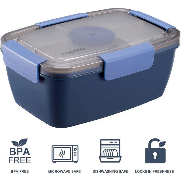 Caperci Lonchera grande para ensalada – Lonchera Bento para adultos con ensaladera de 68 onzas, bandeja de 5 compartimentos, 2 tazas de salsa de 3 onzas, apilable, sin BPA (rosa) - Imagen 9