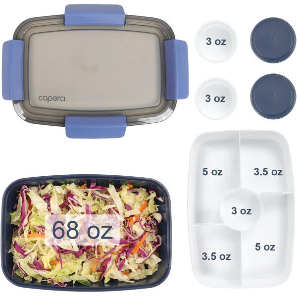 Caperci Lonchera grande para ensalada – Lonchera Bento para adultos con ensaladera de 68 onzas, bandeja de 5 compartimentos, 2 tazas de salsa de 3 onzas, apilable, sin BPA (rosa) - Imagen 11