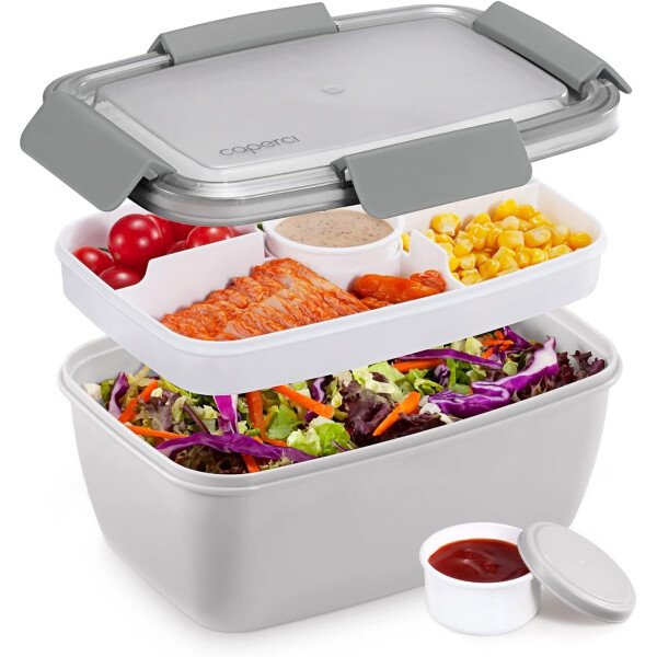 Caperci Lonchera grande para ensalada – Lonchera Bento para adultos con ensaladera de 68 onzas, bandeja de 5 compartimentos, 2 tazas de salsa de 3 onzas, apilable, sin BPA (rosa) - Imagen 14