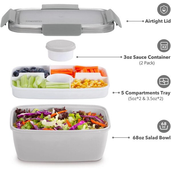 Caperci Lonchera grande para ensalada – Lonchera Bento para adultos con ensaladera de 68 onzas, bandeja de 5 compartimentos, 2 tazas de salsa de 3 onzas, apilable, sin BPA (rosa) - Imagen 16