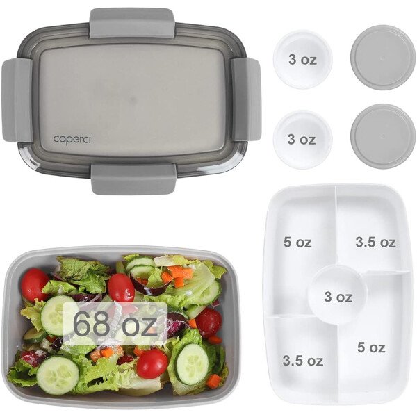 Caperci Lonchera grande para ensalada – Lonchera Bento para adultos con ensaladera de 68 onzas, bandeja de 5 compartimentos, 2 tazas de salsa de 3 onzas, apilable, sin BPA (rosa) - Imagen 17