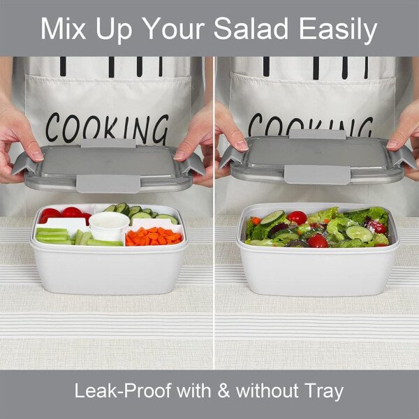 Caperci Lonchera grande para ensalada – Lonchera Bento para adultos con ensaladera de 68 onzas, bandeja de 5 compartimentos, 2 tazas de salsa de 3 onzas, apilable, sin BPA (rosa) - Imagen 18