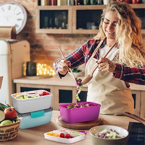 Caperci Lonchera grande para ensalada – Lonchera Bento para adultos con ensaladera de 68 onzas, bandeja de 5 compartimentos, 2 tazas de salsa de 3 onzas, apilable, sin BPA (rosa) - Imagen 19