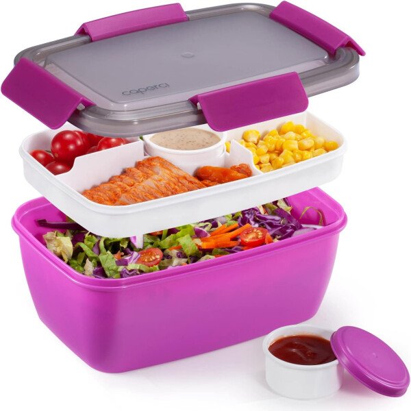 Caperci Lonchera grande para ensalada – Lonchera Bento para adultos con ensaladera de 68 onzas, bandeja de 5 compartimentos, 2 tazas de salsa de 3 onzas, apilable, sin BPA (rosa) - Imagen 21