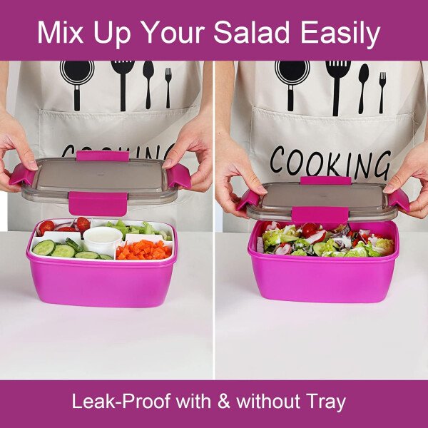 Caperci Lonchera grande para ensalada – Lonchera Bento para adultos con ensaladera de 68 onzas, bandeja de 5 compartimentos, 2 tazas de salsa de 3 onzas, apilable, sin BPA (rosa) - Imagen 22
