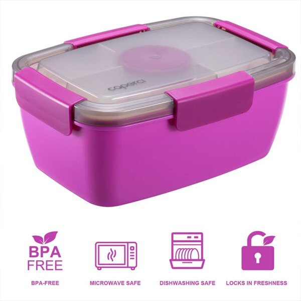 Caperci Lonchera grande para ensalada – Lonchera Bento para adultos con ensaladera de 68 onzas, bandeja de 5 compartimentos, 2 tazas de salsa de 3 onzas, apilable, sin BPA (rosa) - Imagen 23