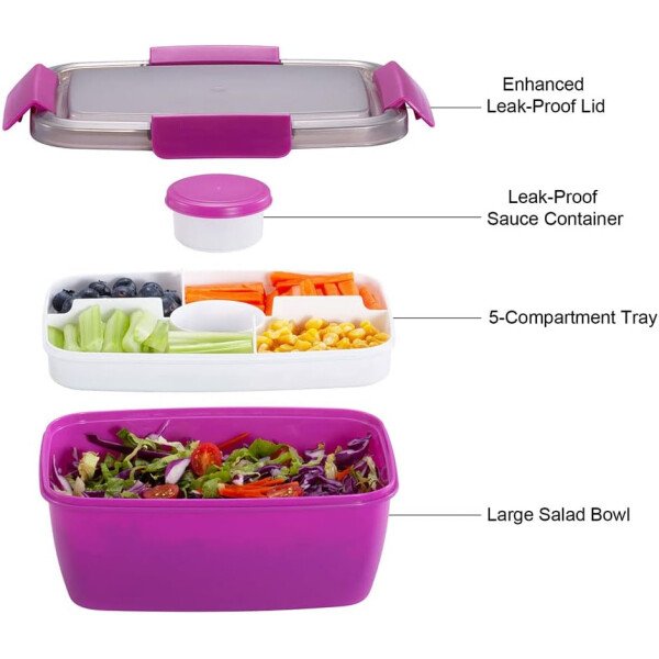 Caperci Lonchera grande para ensalada – Lonchera Bento para adultos con ensaladera de 68 onzas, bandeja de 5 compartimentos, 2 tazas de salsa de 3 onzas, apilable, sin BPA (rosa) - Imagen 24