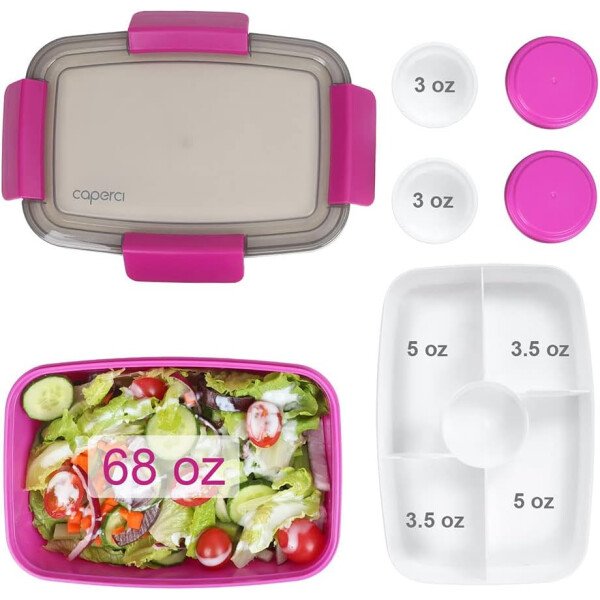 Caperci Lonchera grande para ensalada – Lonchera Bento para adultos con ensaladera de 68 onzas, bandeja de 5 compartimentos, 2 tazas de salsa de 3 onzas, apilable, sin BPA (rosa) - Imagen 25
