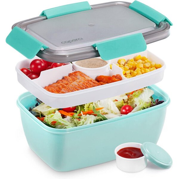 Caperci Lonchera grande para ensalada – Lonchera Bento para adultos con ensaladera de 68 onzas, bandeja de 5 compartimentos, 2 tazas de salsa de 3 onzas, apilable, sin BPA (rosa) - Imagen 26