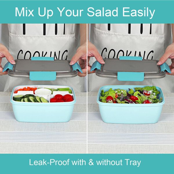 Caperci Lonchera grande para ensalada – Lonchera Bento para adultos con ensaladera de 68 onzas, bandeja de 5 compartimentos, 2 tazas de salsa de 3 onzas, apilable, sin BPA (rosa) - Imagen 30