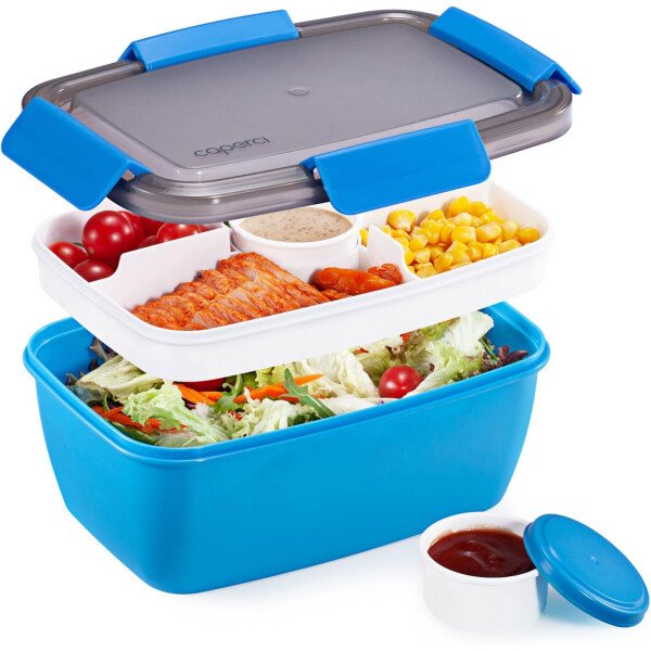 Caperci Lonchera grande para ensalada – Lonchera Bento para adultos con ensaladera de 68 onzas, bandeja de 5 compartimentos, 2 tazas de salsa de 3 onzas, apilable, sin BPA (rosa) - Imagen 32