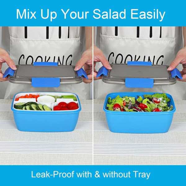 Caperci Lonchera grande para ensalada – Lonchera Bento para adultos con ensaladera de 68 onzas, bandeja de 5 compartimentos, 2 tazas de salsa de 3 onzas, apilable, sin BPA (rosa) - Imagen 33
