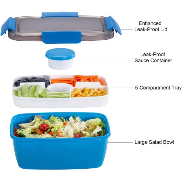 Caperci Lonchera grande para ensalada – Lonchera Bento para adultos con ensaladera de 68 onzas, bandeja de 5 compartimentos, 2 tazas de salsa de 3 onzas, apilable, sin BPA (rosa) - Imagen 35