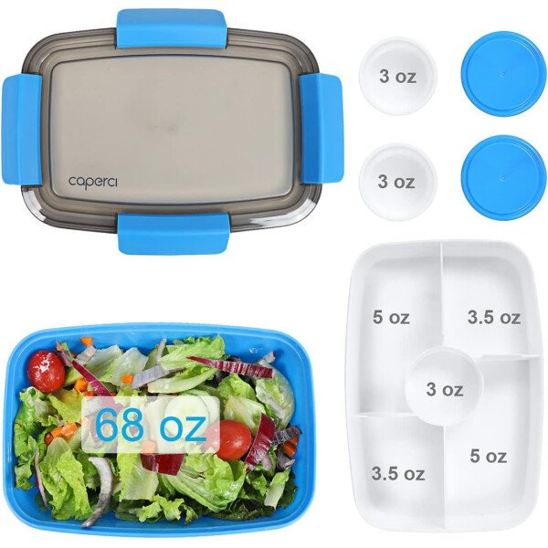 Caperci Lonchera grande para ensalada – Lonchera Bento para adultos con ensaladera de 68 onzas, bandeja de 5 compartimentos, 2 tazas de salsa de 3 onzas, apilable, sin BPA (rosa) - Imagen 36