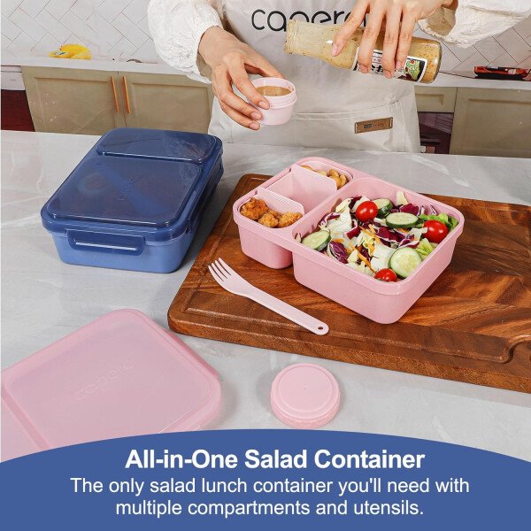Caperci Paquete de 2 recipientes de ensalada para el almuerzo, fiambrera Bento grande de 62 onzas para adultos, contenedor de preparación de comidas de 2 compartimentos con bandeja extraíble para - Imagen 2