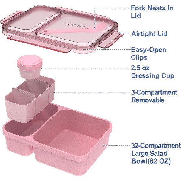 Caperci Paquete de 2 recipientes de ensalada para el almuerzo, fiambrera Bento grande de 62 onzas para adultos, contenedor de preparación de comidas de 2 compartimentos con bandeja extraíble para - Imagen 4