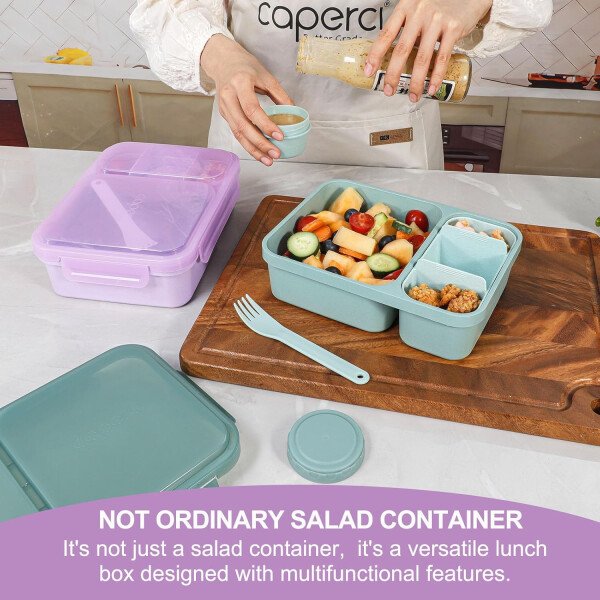 Caperci Paquete de 2 recipientes de ensalada para el almuerzo, fiambrera Bento grande de 62 onzas para adultos, contenedor de preparación de comidas de 2 compartimentos con bandeja extraíble para - Imagen 9