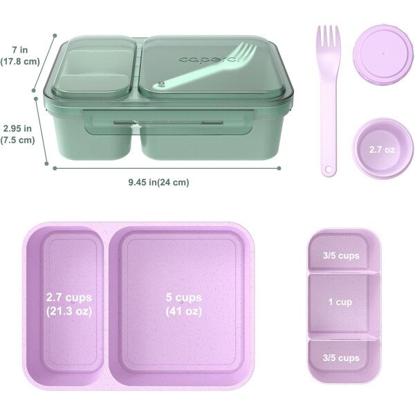 Caperci Paquete de 2 recipientes de ensalada para el almuerzo, fiambrera Bento grande de 62 onzas para adultos, contenedor de preparación de comidas de 2 compartimentos con bandeja extraíble para - Imagen 13