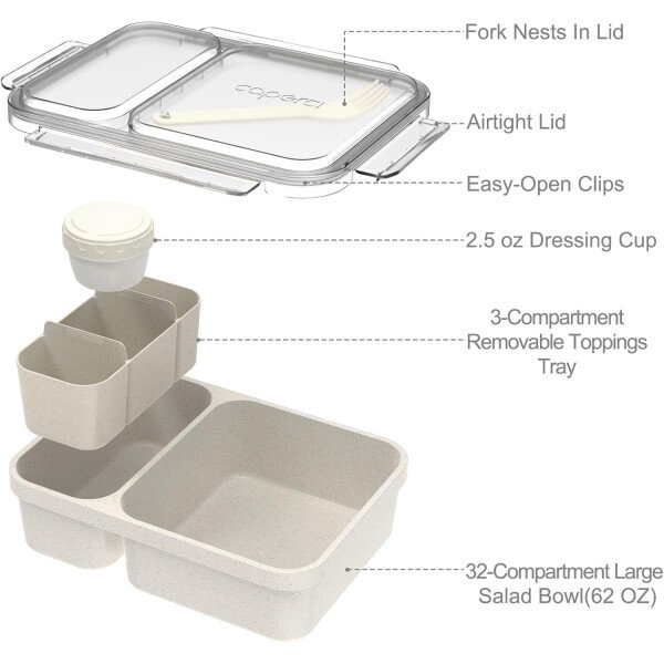 Caperci Paquete de 2 recipientes de ensalada para el almuerzo, fiambrera Bento grande de 62 onzas para adultos, contenedor de preparación de comidas de 2 compartimentos con bandeja extraíble para - Imagen 18