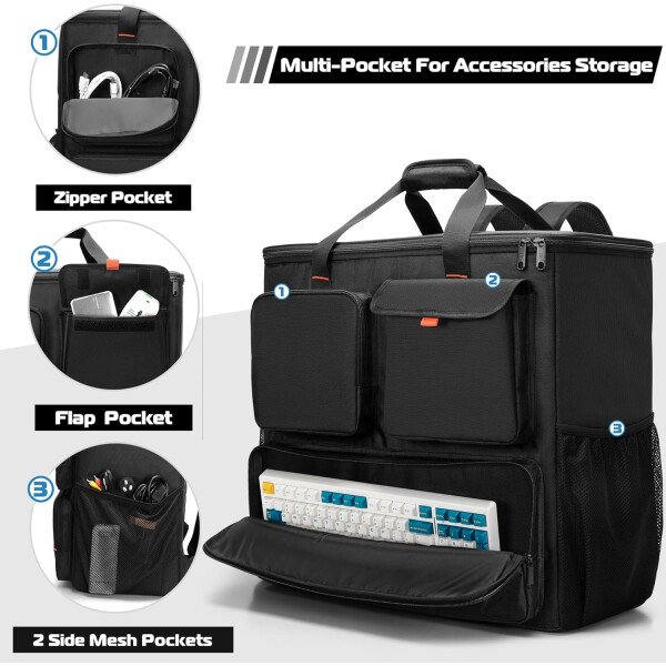 Trunab Funda de transporte de escritorio para PC con múltiples bolsillos de almacenamiento, mochila de torre para computadora, bolsa de viaje para teclado, cable, mouse y auriculares, solo bolsa - Imagen 2