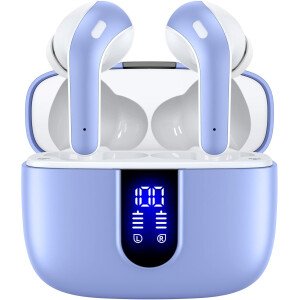TAGRY Auriculares Bluetooth verdaderos auriculares inalámbricos de reproducción de 60 horas con pantalla LED de alimentación con estuche de carga inalámbrica IPX5, auriculares intrauditivos impermeables con micrófono para TV, teléfono inteligente, computadora, laptop, deportes