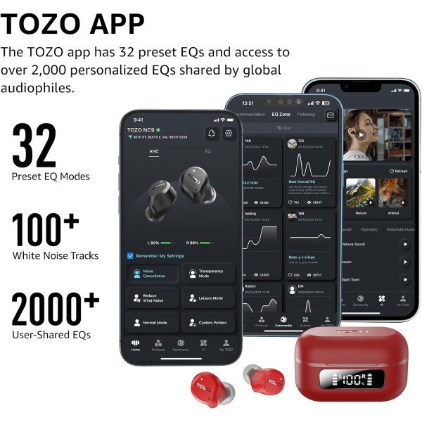 TOZO Auriculares inalámbricos híbridos con cancelación activa de ruido, 6 micrófonos ENC Clear Call, IPX8 impermeable, auriculares intrauditivos Bluetooth 5.3, auriculares estéreo con graves 59 horas - Image 14