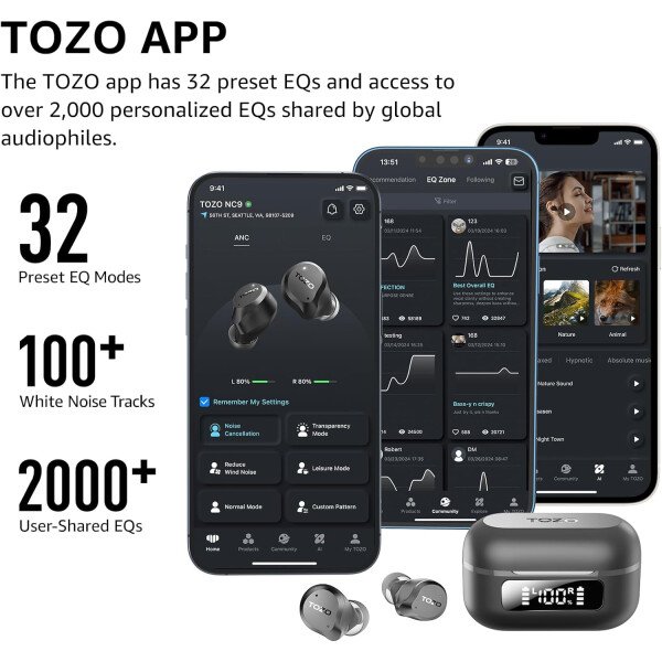 TOZO Auriculares inalámbricos híbridos con cancelación activa de ruido, 6 micrófonos ENC Clear Call, IPX8 impermeable, auriculares intrauditivos Bluetooth 5.3, auriculares estéreo con graves 59 horas - Image 19