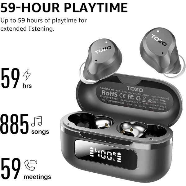 TOZO Auriculares inalámbricos híbridos con cancelación activa de ruido, 6 micrófonos ENC Clear Call, IPX8 impermeable, auriculares intrauditivos Bluetooth 5.3, auriculares estéreo con graves 59 horas - Image 20