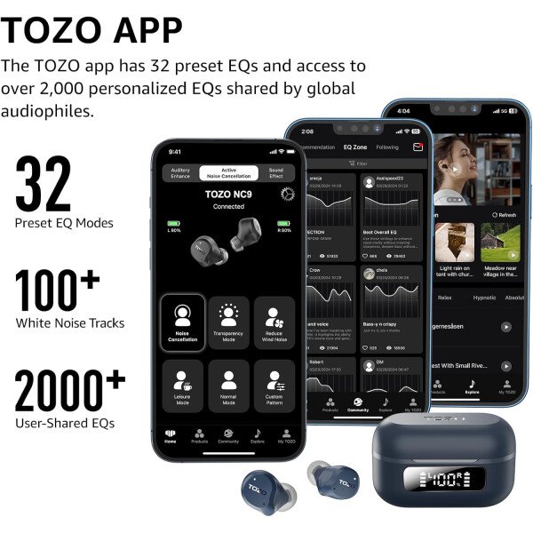 TOZO Auriculares inalámbricos híbridos con cancelación activa de ruido, 6 micrófonos ENC Clear Call, IPX8 impermeable, auriculares intrauditivos Bluetooth 5.3, auriculares estéreo con graves 59 horas - Image 31