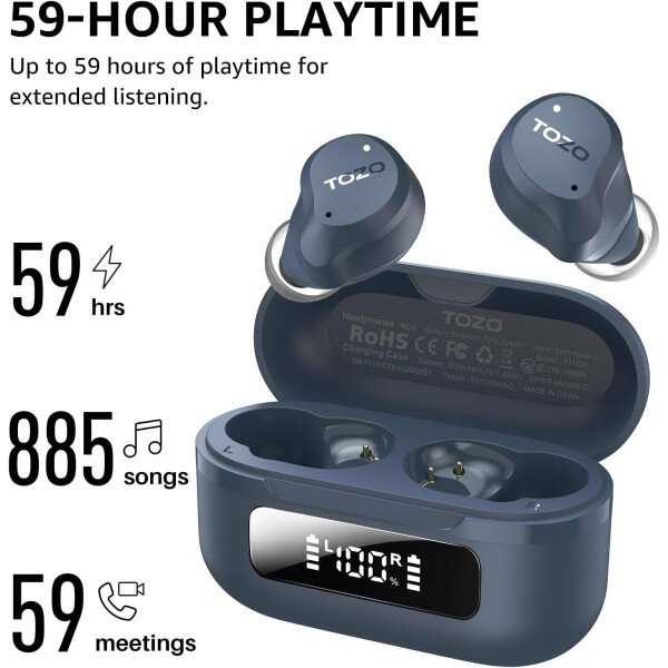 TOZO Auriculares inalámbricos híbridos con cancelación activa de ruido, 6 micrófonos ENC Clear Call, IPX8 impermeable, auriculares intrauditivos Bluetooth 5.3, auriculares estéreo con graves 59 horas - Image 32