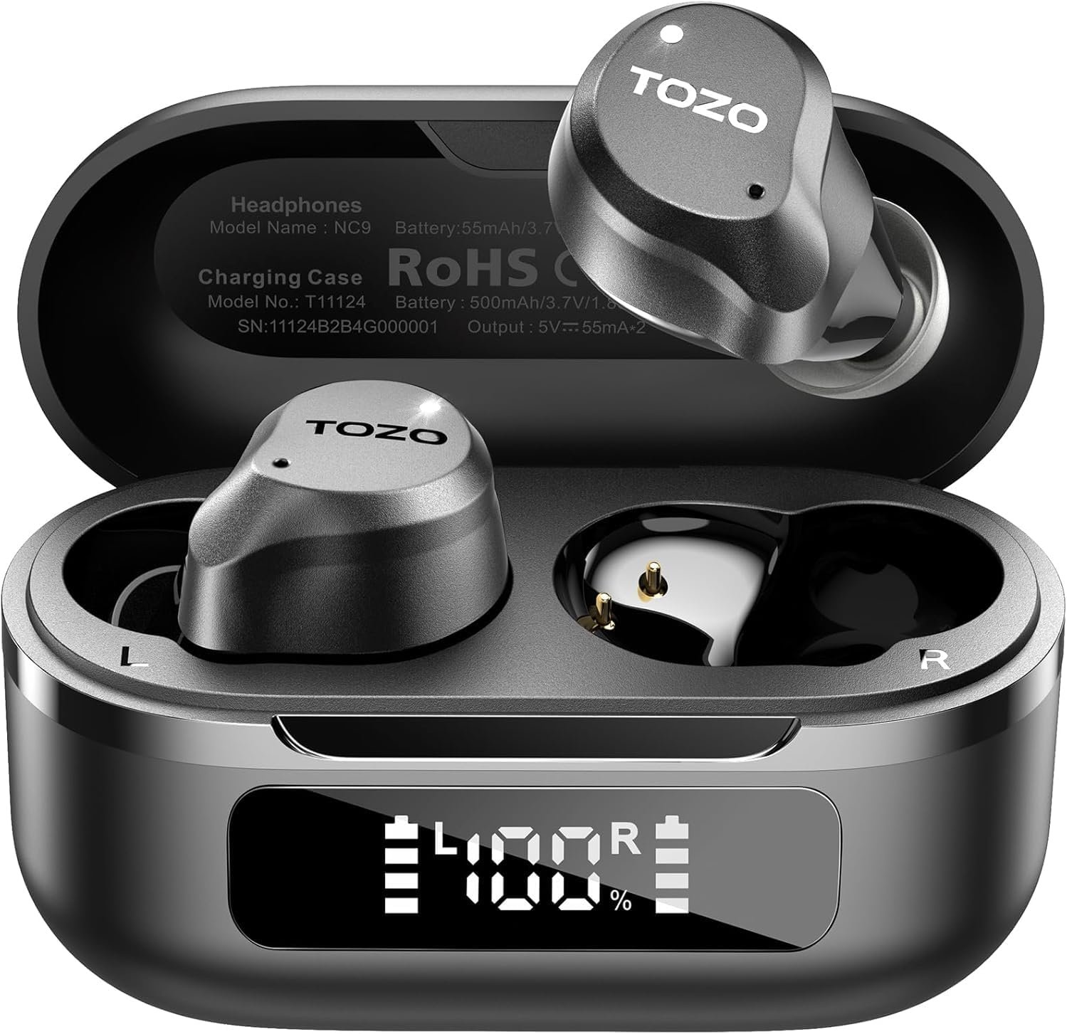 TOZO Auriculares inalámbricos híbridos con cancelación activa de ruido, 6 micrófonos ENC Clear Call, IPX8 impermeable, auriculares intrauditivos Bluetooth 5.3, auriculares estéreo con graves 59 horas