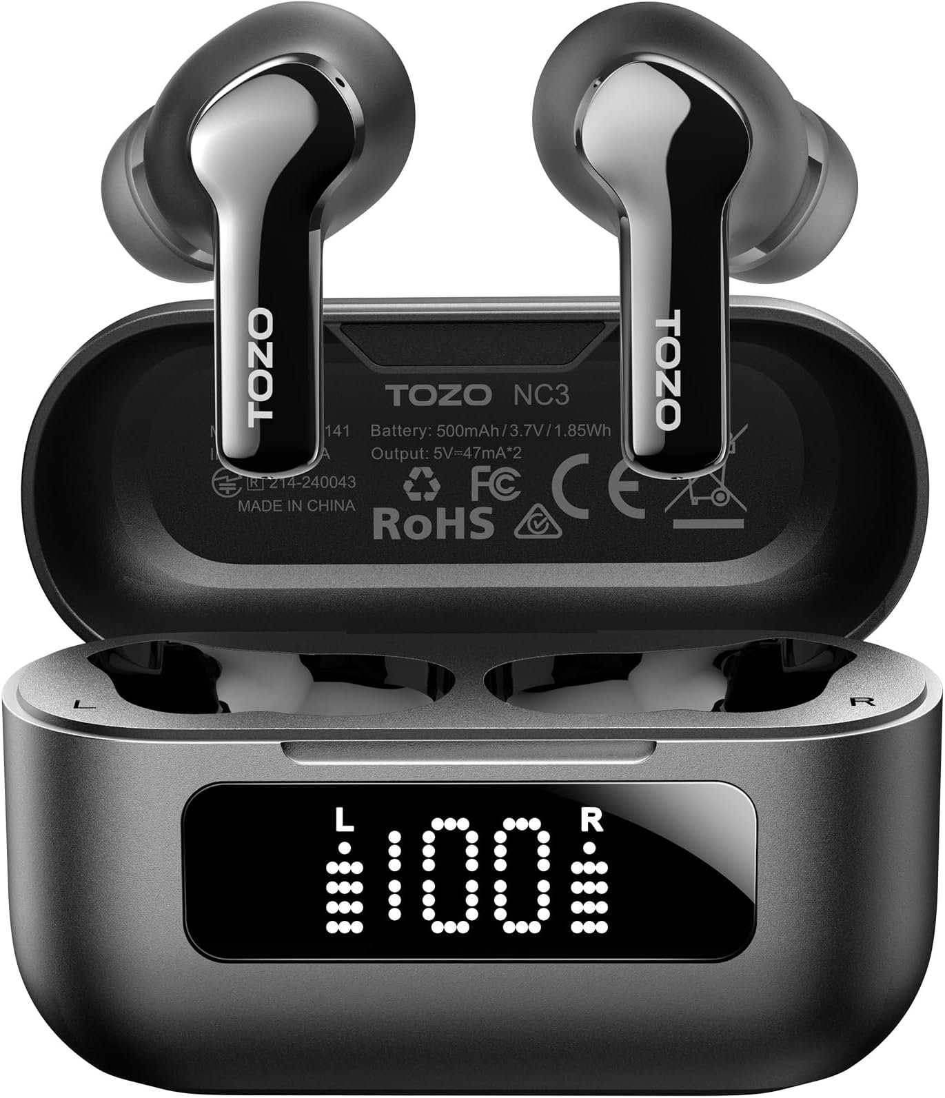 TOZO Auriculares inalámbricos híbridos con cancelación activa de ruido con 6 micrófonos AI Clear Call Ear Buds 55H Playtime con pantalla LED, 32 ecualizadores preestablecidos a través de la aplicación