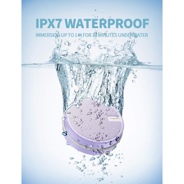 Altavoz portátil INSMY IPX7 resistente al agua con Bluetooth, inalámbrico, para exteriores y la ducha, con sonido de alta definición, tarjeta TF de soporte, ventosa, 12 horas de reproducción. Ideal para pasear en kayak, practicar canotaje o senderismo. Púrpura - Image 2