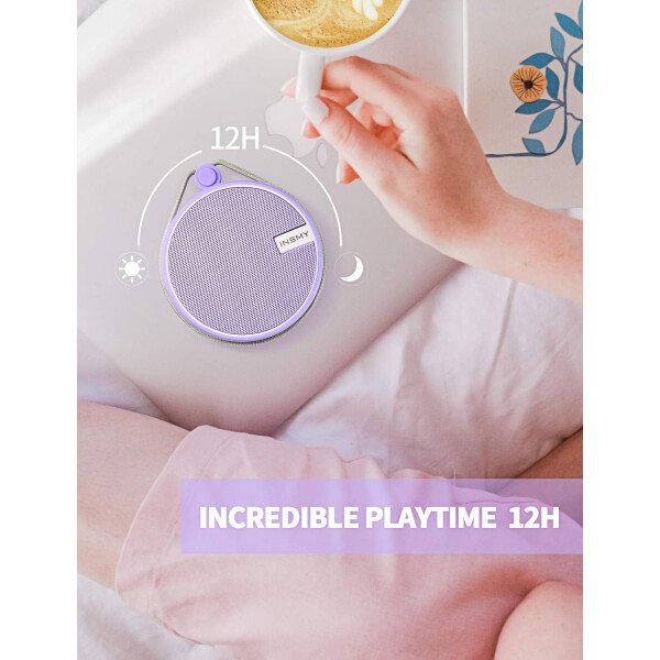 Altavoz portátil INSMY IPX7 resistente al agua con Bluetooth, inalámbrico, para exteriores y la ducha, con sonido de alta definición, tarjeta TF de soporte, ventosa, 12 horas de reproducción. Ideal para pasear en kayak, practicar canotaje o senderismo. Púrpura - Image 3