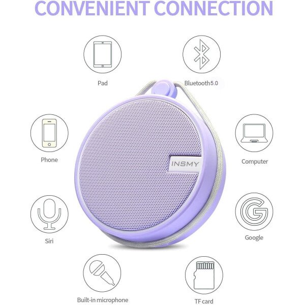 Altavoz portátil INSMY IPX7 resistente al agua con Bluetooth, inalámbrico, para exteriores y la ducha, con sonido de alta definición, tarjeta TF de soporte, ventosa, 12 horas de reproducción. Ideal para pasear en kayak, practicar canotaje o senderismo. Púrpura - Image 6
