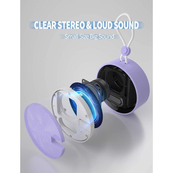 Altavoz portátil INSMY IPX7 resistente al agua con Bluetooth, inalámbrico, para exteriores y la ducha, con sonido de alta definición, tarjeta TF de soporte, ventosa, 12 horas de reproducción. Ideal para pasear en kayak, practicar canotaje o senderismo. Púrpura - Image 7