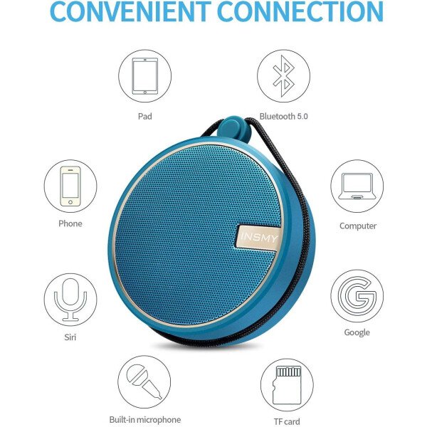 Altavoz portátil INSMY IPX7 resistente al agua con Bluetooth, inalámbrico, para exteriores y la ducha, con sonido de alta definición, tarjeta TF de soporte, ventosa, 12 horas de reproducción. Ideal para pasear en kayak, practicar canotaje o senderismo. Púrpura - Image 12