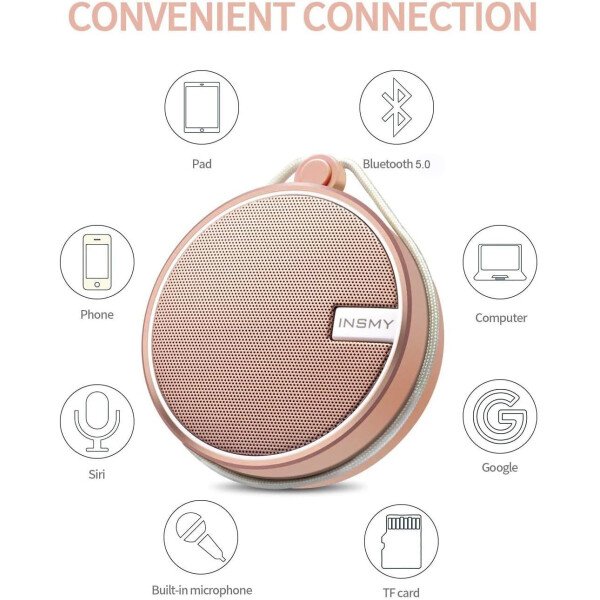 Altavoz portátil INSMY IPX7 resistente al agua con Bluetooth, inalámbrico, para exteriores y la ducha, con sonido de alta definición, tarjeta TF de soporte, ventosa, 12 horas de reproducción. Ideal para pasear en kayak, practicar canotaje o senderismo. Púrpura - Image 21